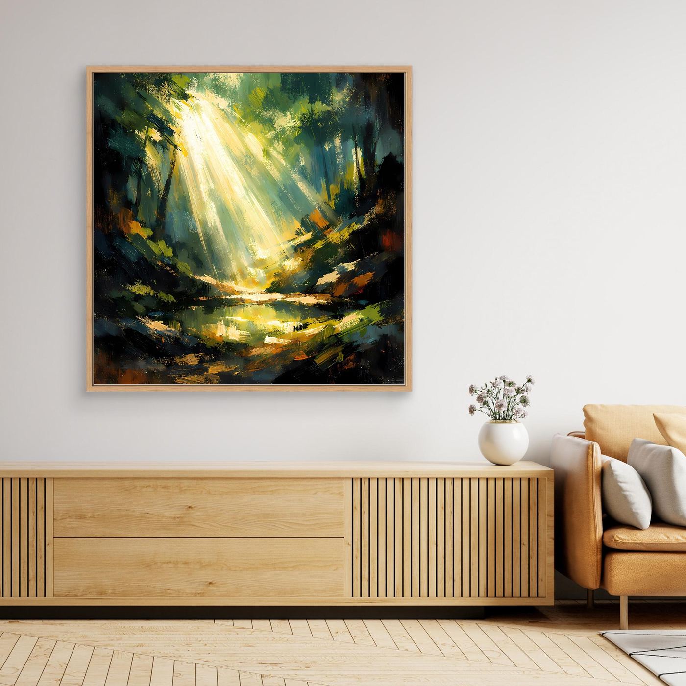 Leinwand-Wandbild: abstrakter Wald mit goldenen Lichtstrahlen über dem Teich, Holzrahmen
