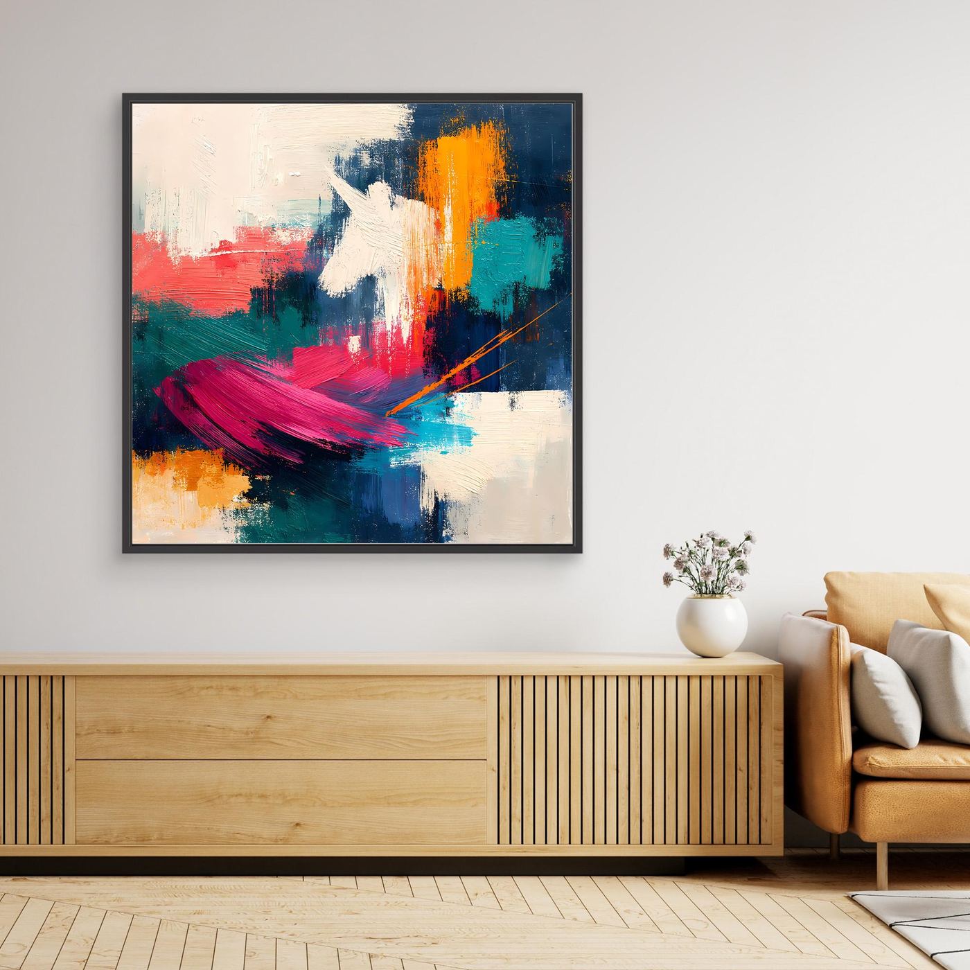 Leinwand Mystisches Einhorn im Farbenmeer | Abstraktes Fantasy Wandbild