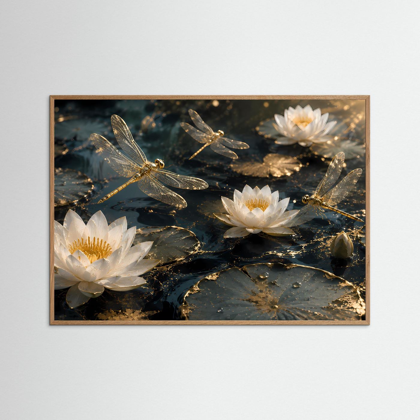Weiße Lotusblüten Poster | Goldene Libellen über Seerosen | Elegantes Zen Wandbild | Luxuriöse Botanische Wandkunst | Premium Wall Art