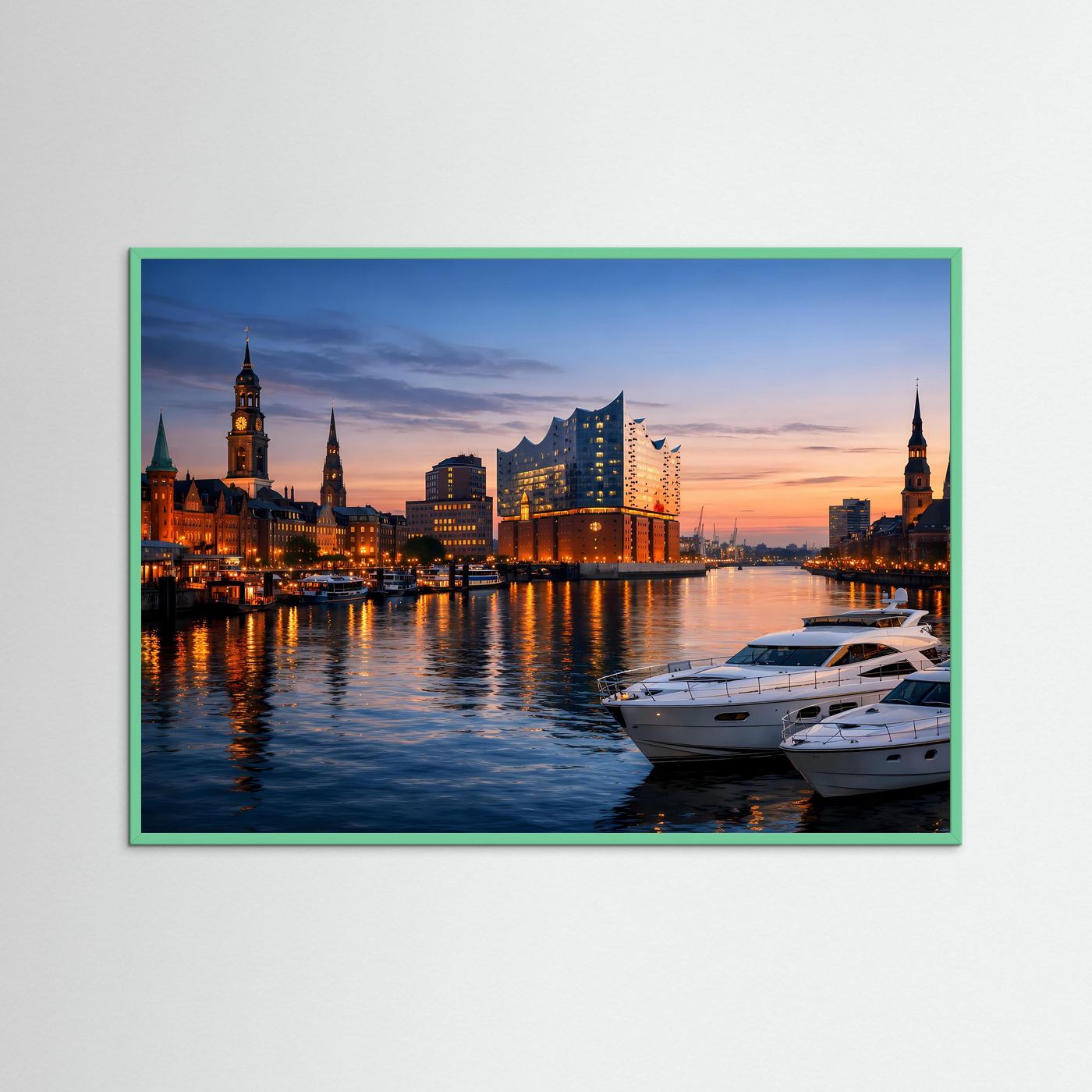 Hamburg-Stadtpanorama-Poster mit Elbphilharmonie bei Dämmerung, grüner Rahmen, Querformat