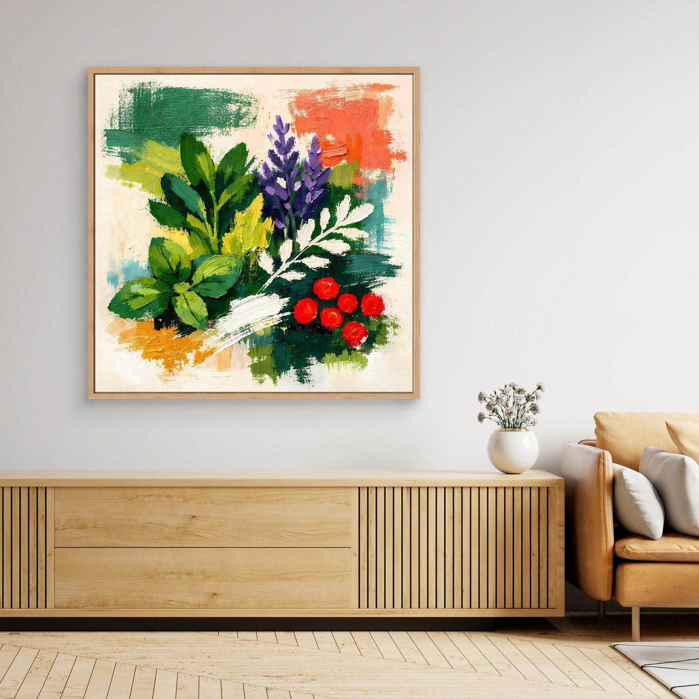 Abstract herb bouquet wall art, light wood frame, green foliage with red berry clusters