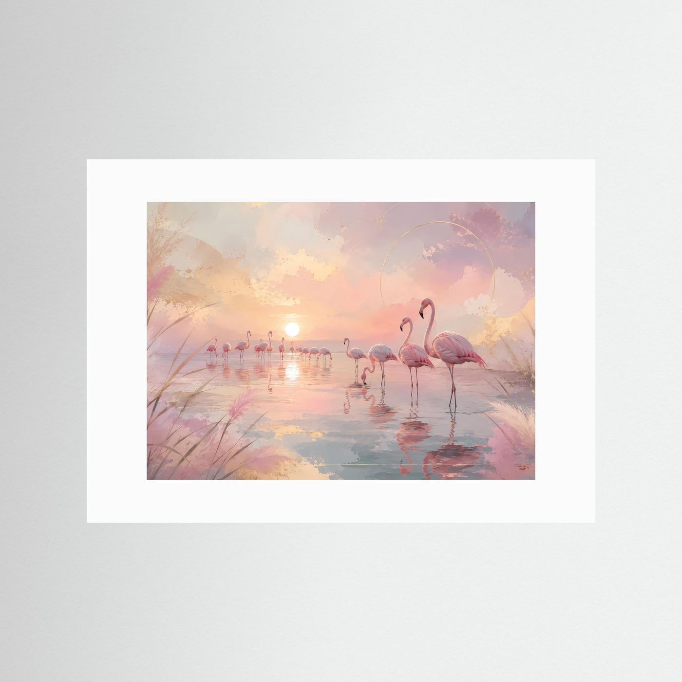Flamingos im Sonnenuntergang | Pastell Wandbild mit Rosa Flamingos | Abstrakte Küstenlandschaft | Modernes Leinwandbild | Premium Poster