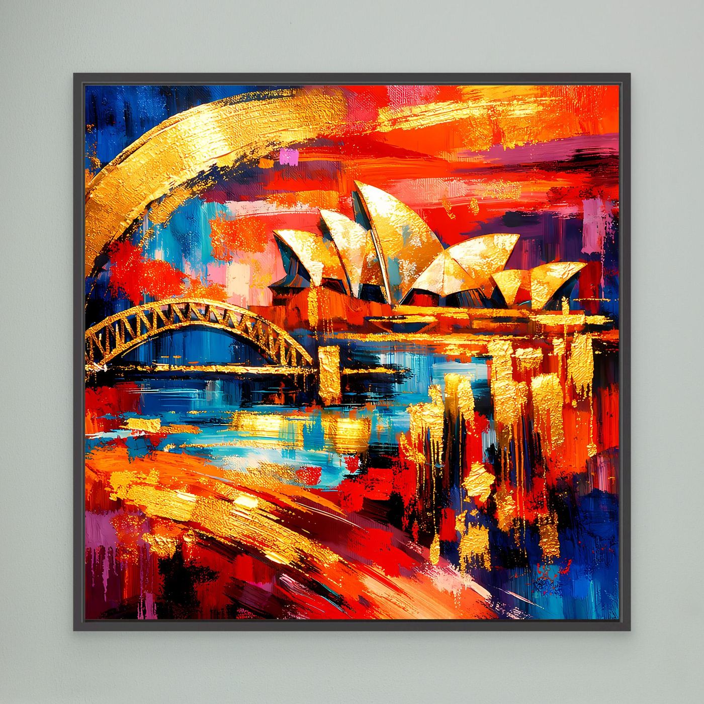Gerahmtes abstraktes Leinwandbild mit Opernhaus-Segeln und Harbour-Bridge, kräftige Farben