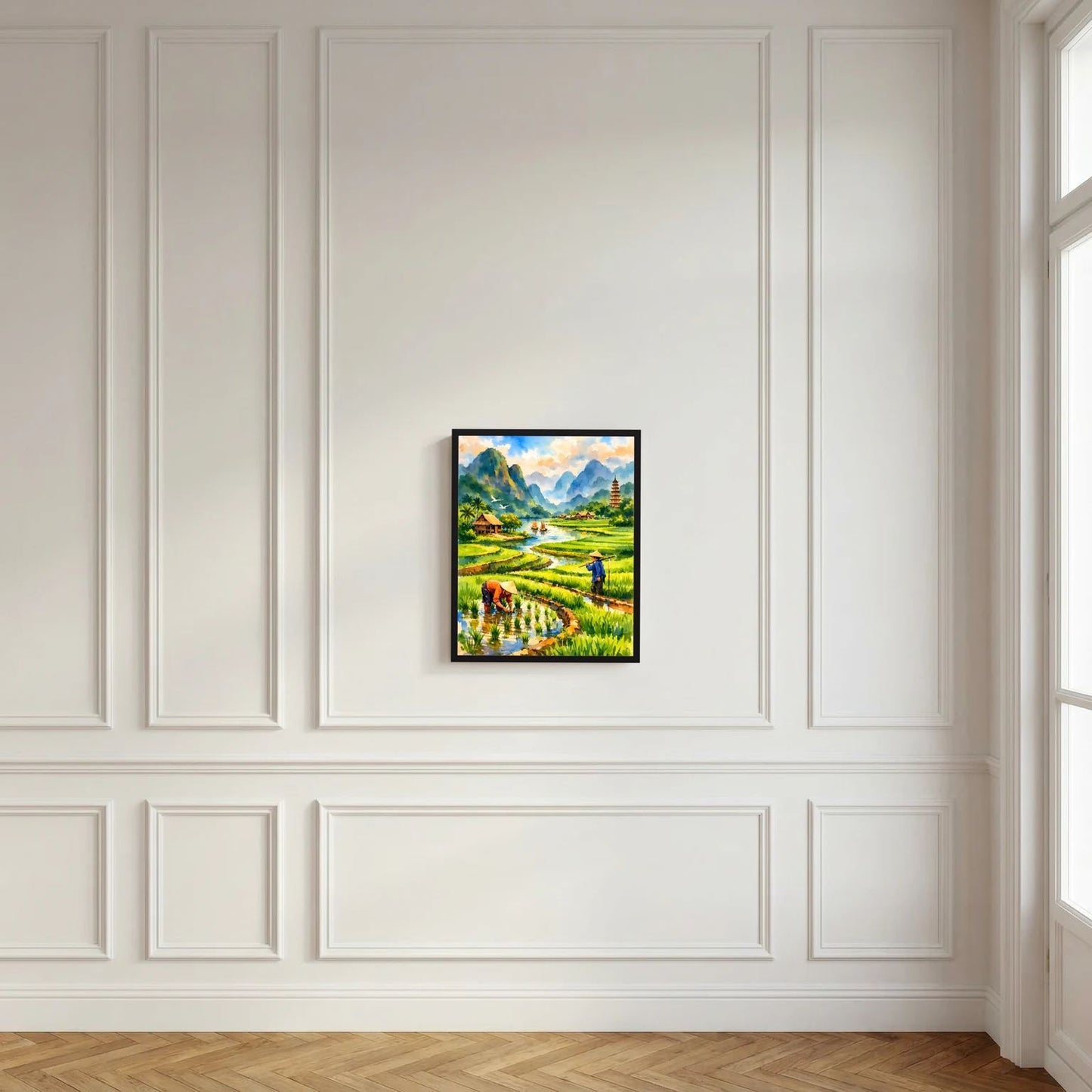 Gerahmtes Hochformat-Wandposter mit Reisfeldern, Fluss und Pagode in den Bergen