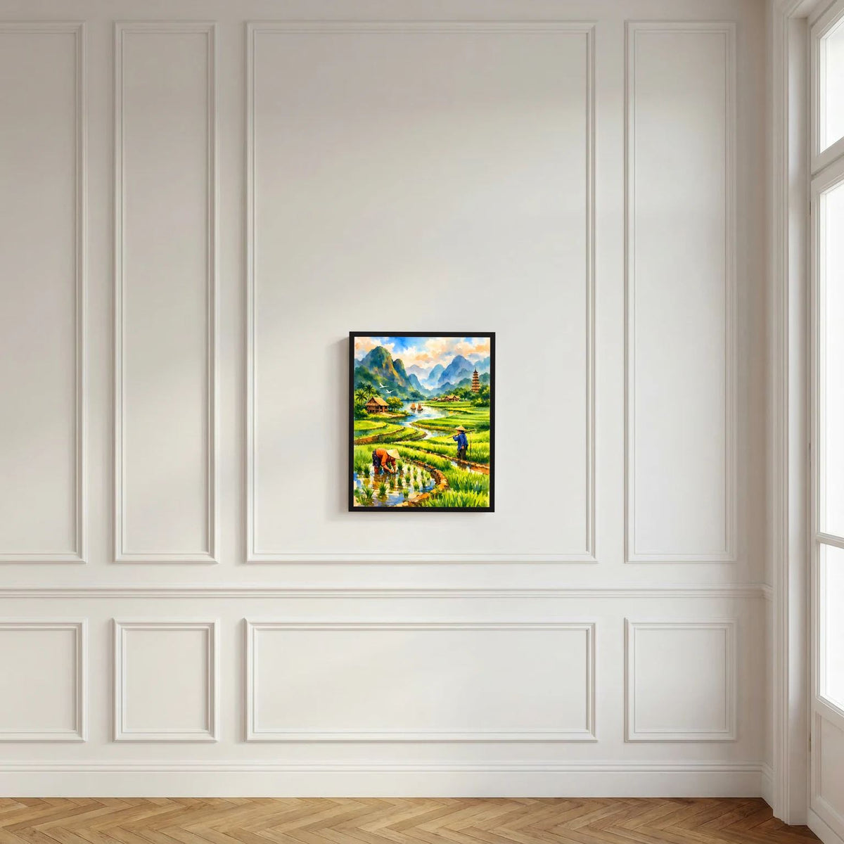 Gerahmtes Hochformat-Wandposter mit Reisfeldern, Fluss und Pagode in den Bergen