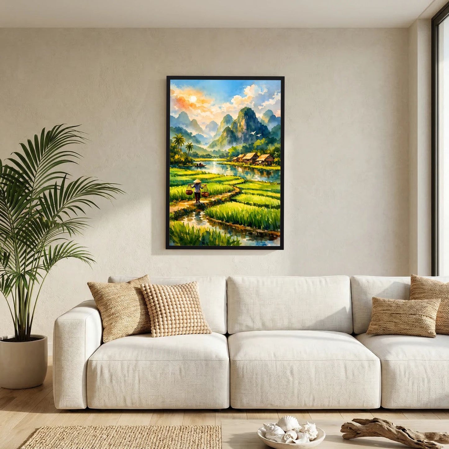 Asiatisches Reisfelder-Wandbild im Hochformat mit Fluss, Reisterrassen und Dorfhütten im schwarzen Rahmen.
