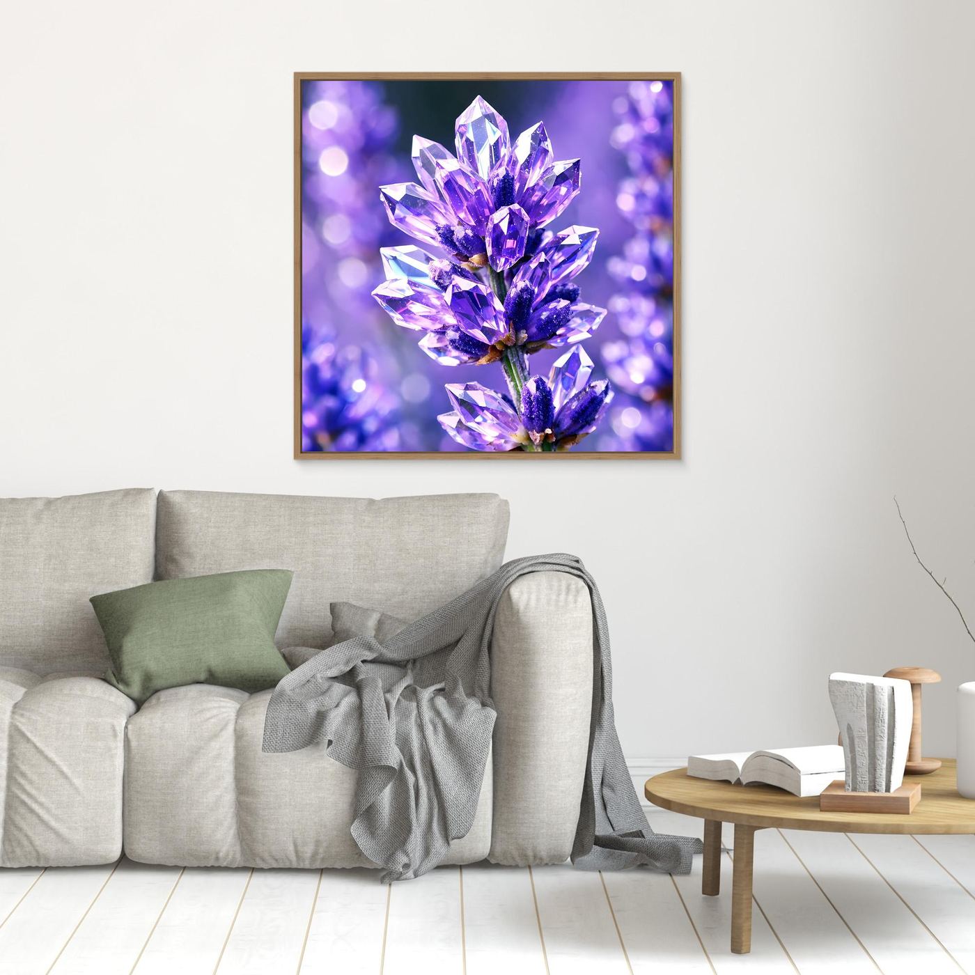 Leinwandbild mit violettem Kristallblütenmotiv, brauner Rahmen