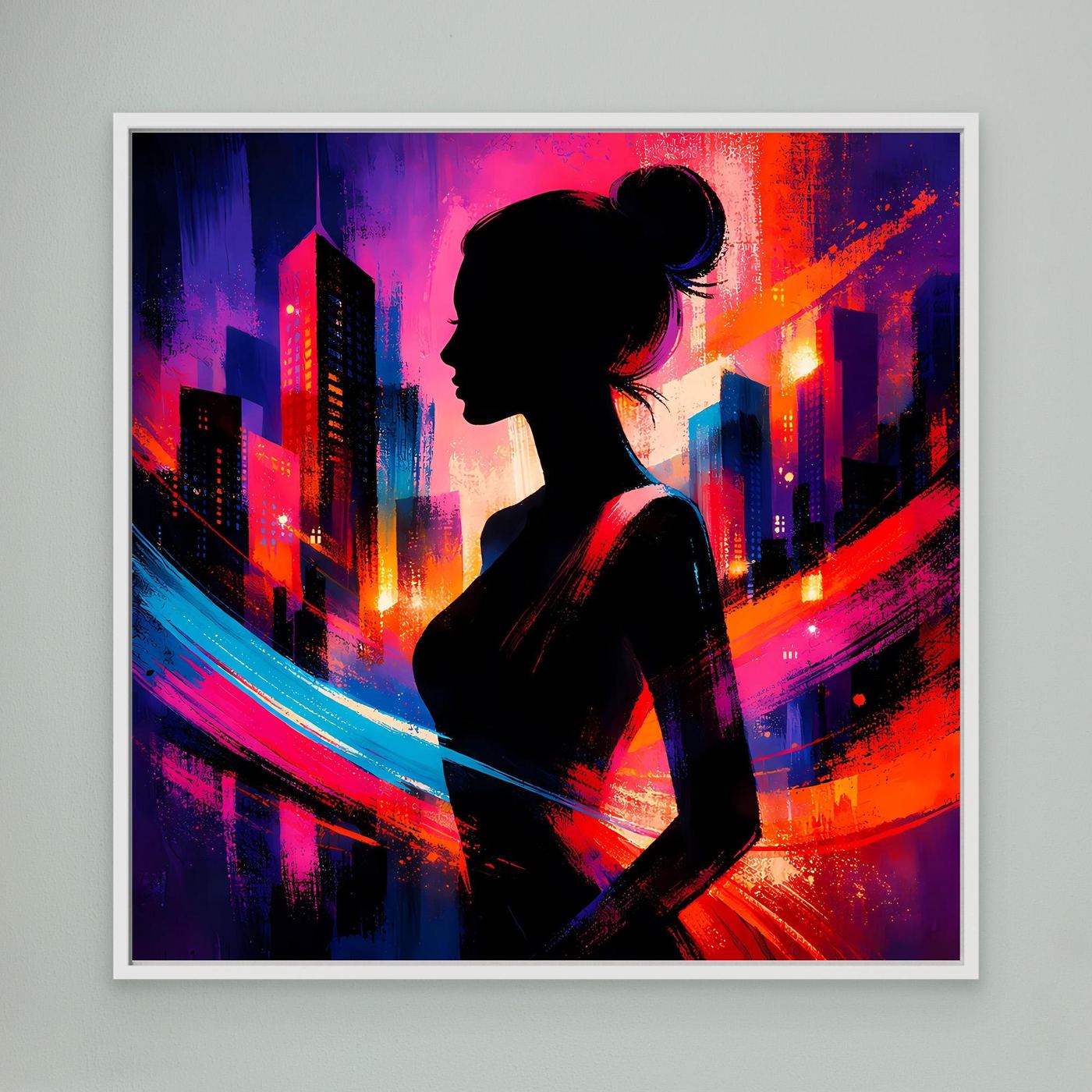 Leinwandbild mit Silhouette einer Frau, Neon-Stadt-Skyline, weiß gerahmt