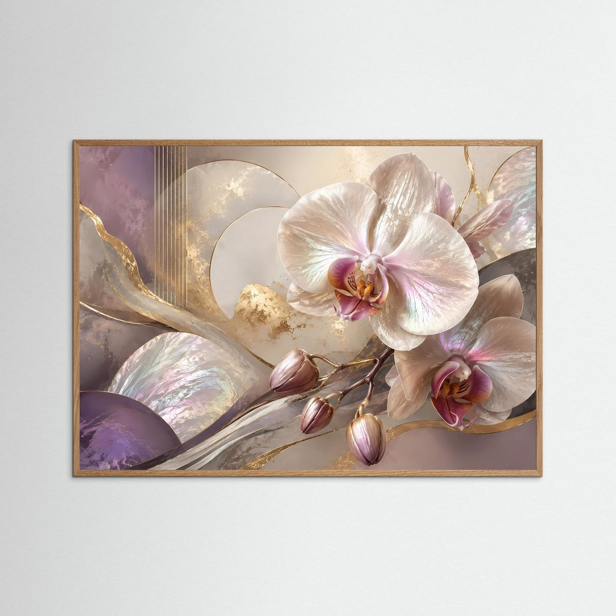 Blumenposter Querformat mit weißen Orchideen, Rosé- und Goldakzenten, brauner Holzrahmen (hell)