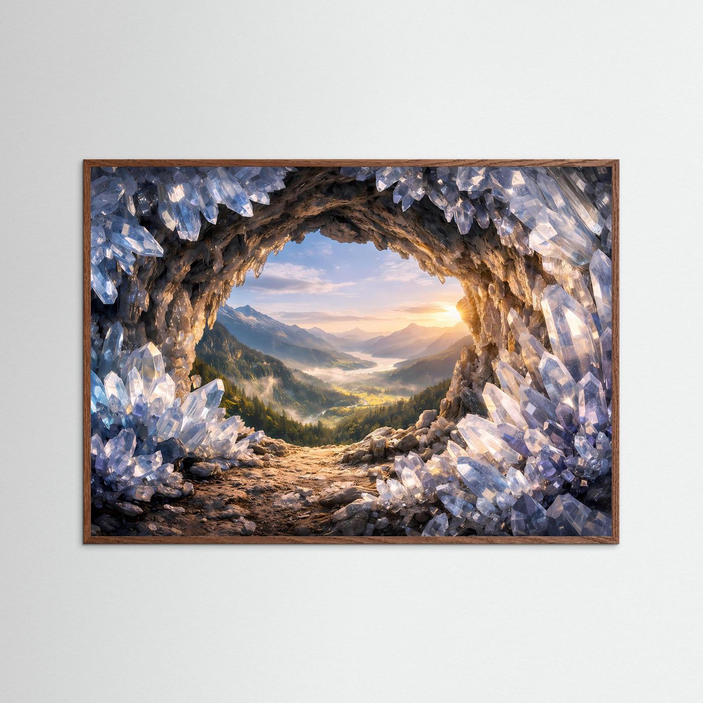 Gerahmtes Poster im Querformat mit Kristallformationen am Höhlbogen und Blick ins Almental