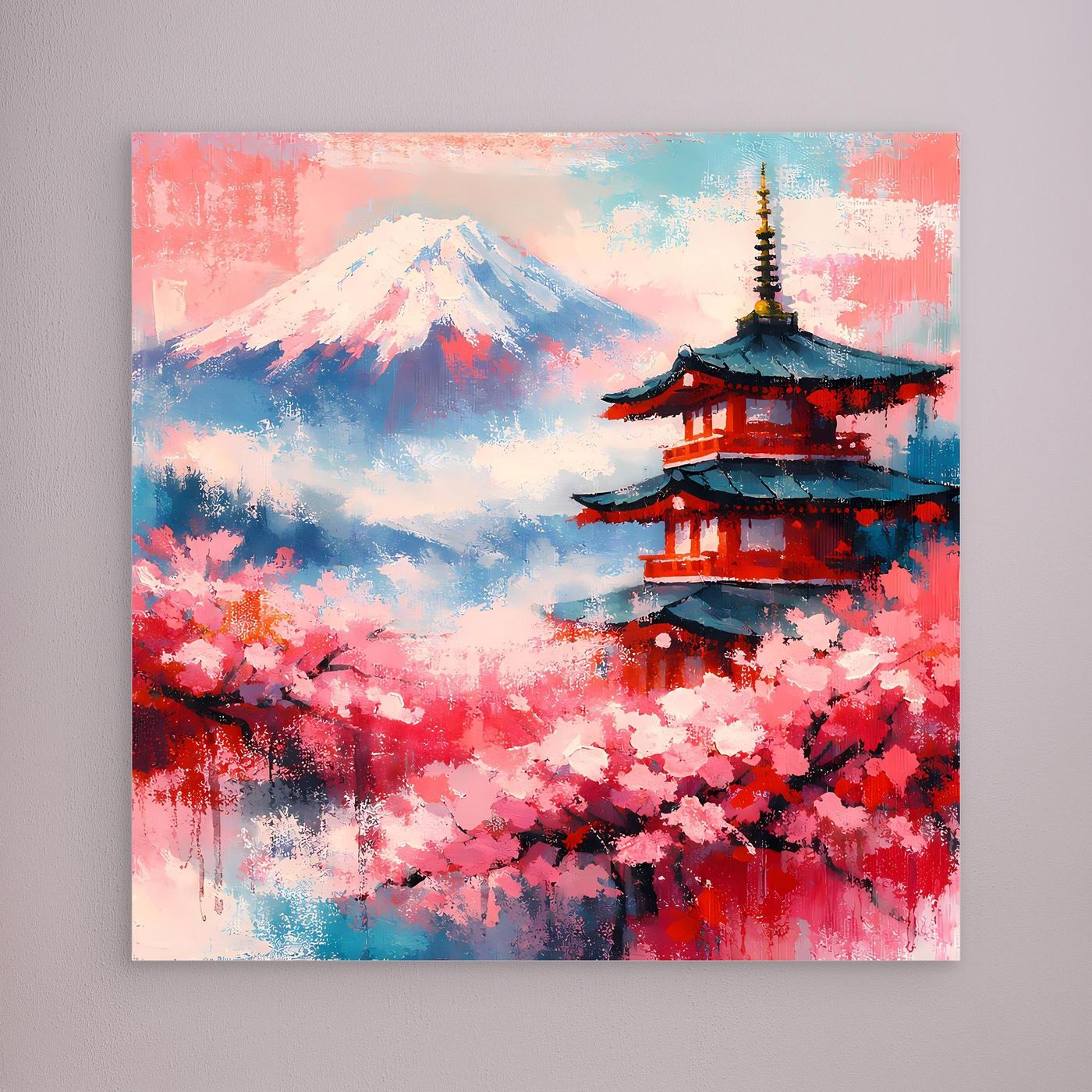 Leinwandbild: Mount Fuji, Pagode und Kirschblüten, ohne sichtbaren Rahmen