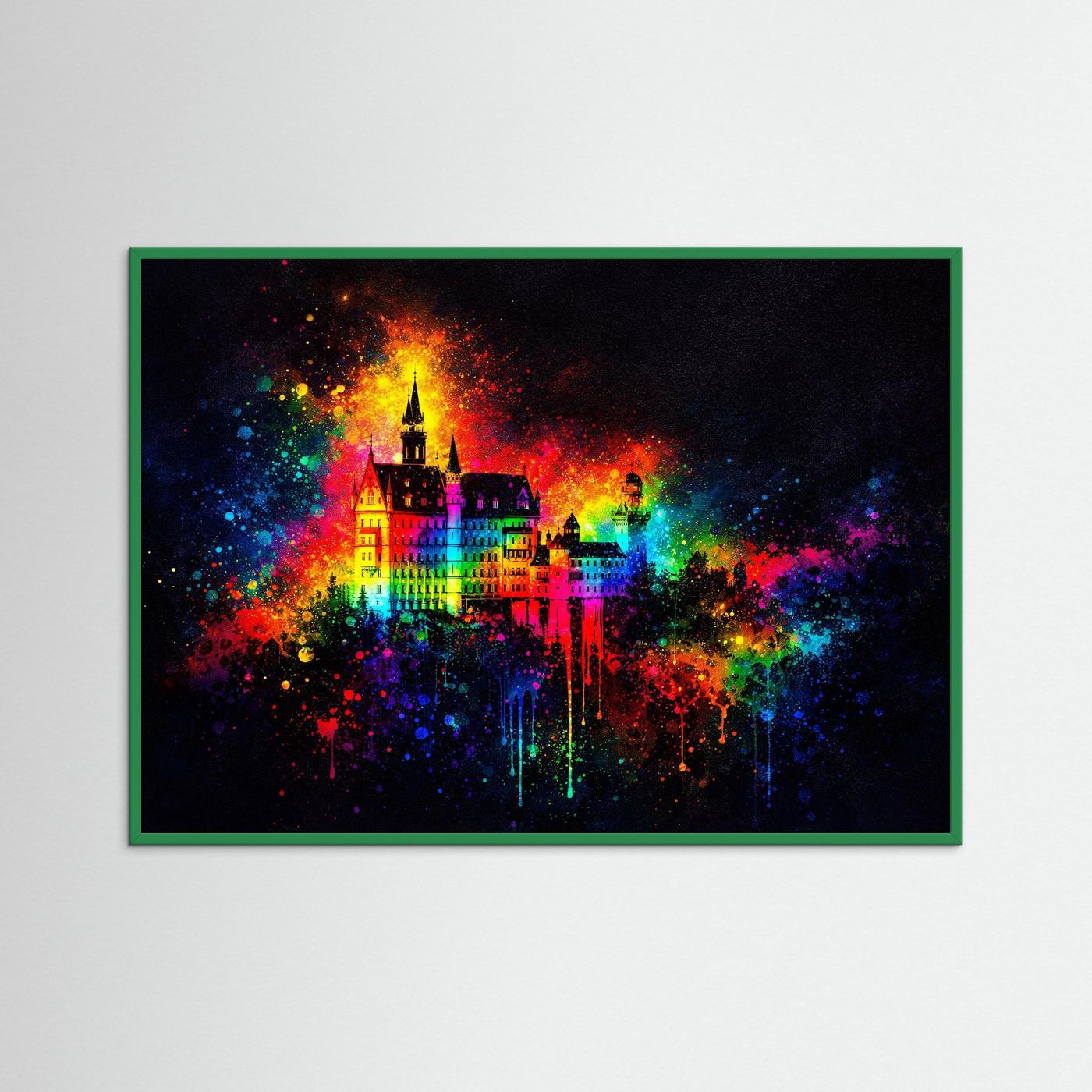 Wandbild mit Fantasieschloss und Farbexplosion, grüner Rahmen