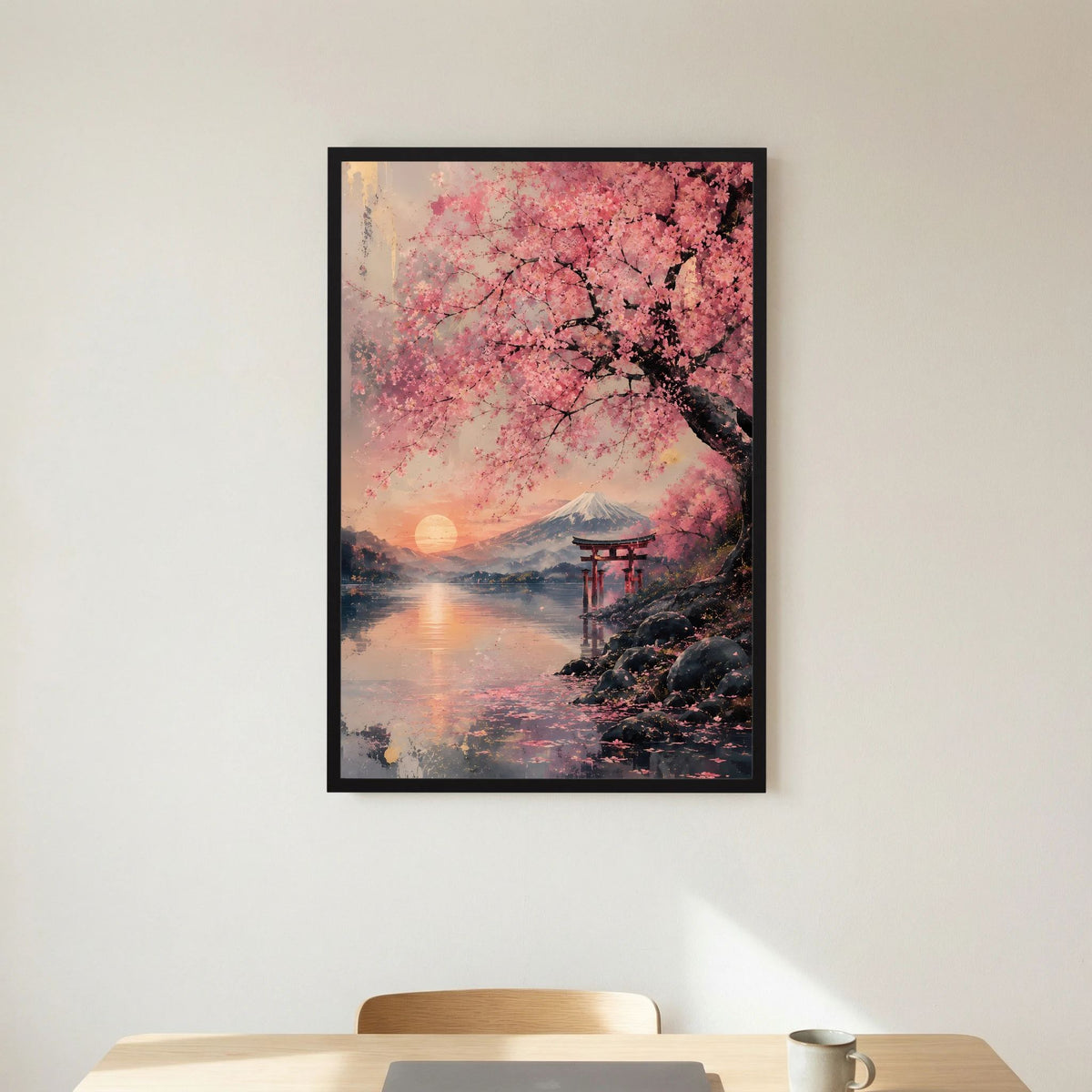 Kirschblütenlandschaft-Poster mit Fuji und Torii am See, im schwarzen Rahmen
