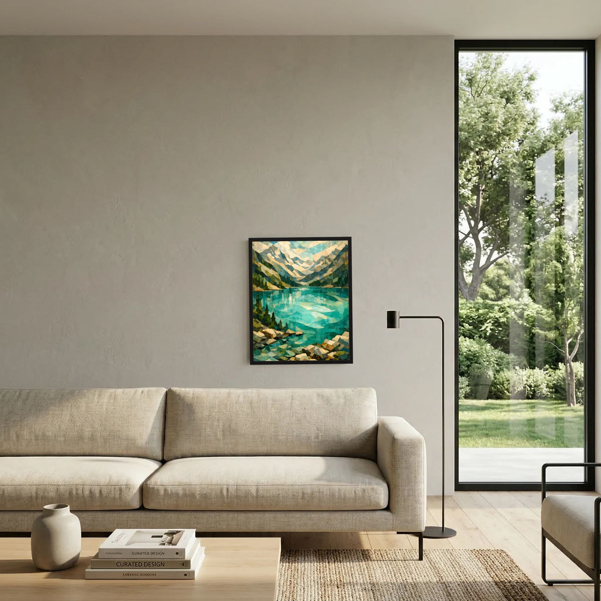Gerahmtes Kunstposter mit schwarzem Rahmen: abstrakte Berglandschaft in Türkis