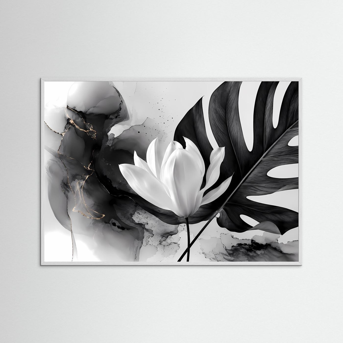 Schwarz Weiß Lotus Poster | Monstera Botanical Wandkunst | Minimalistische Blumen Kunst | Moderne Leinwand | Monochrome Natur mit Goldakzenten