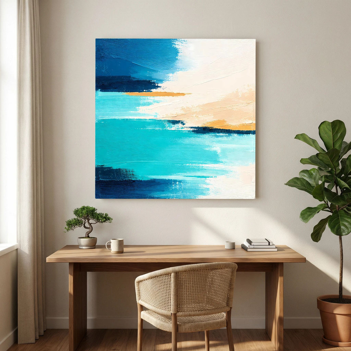 Quadratisches Acryl-Wandbild mit türkisfarbenen Wasserflächen und beigen Akzenten, weiß gerahmt