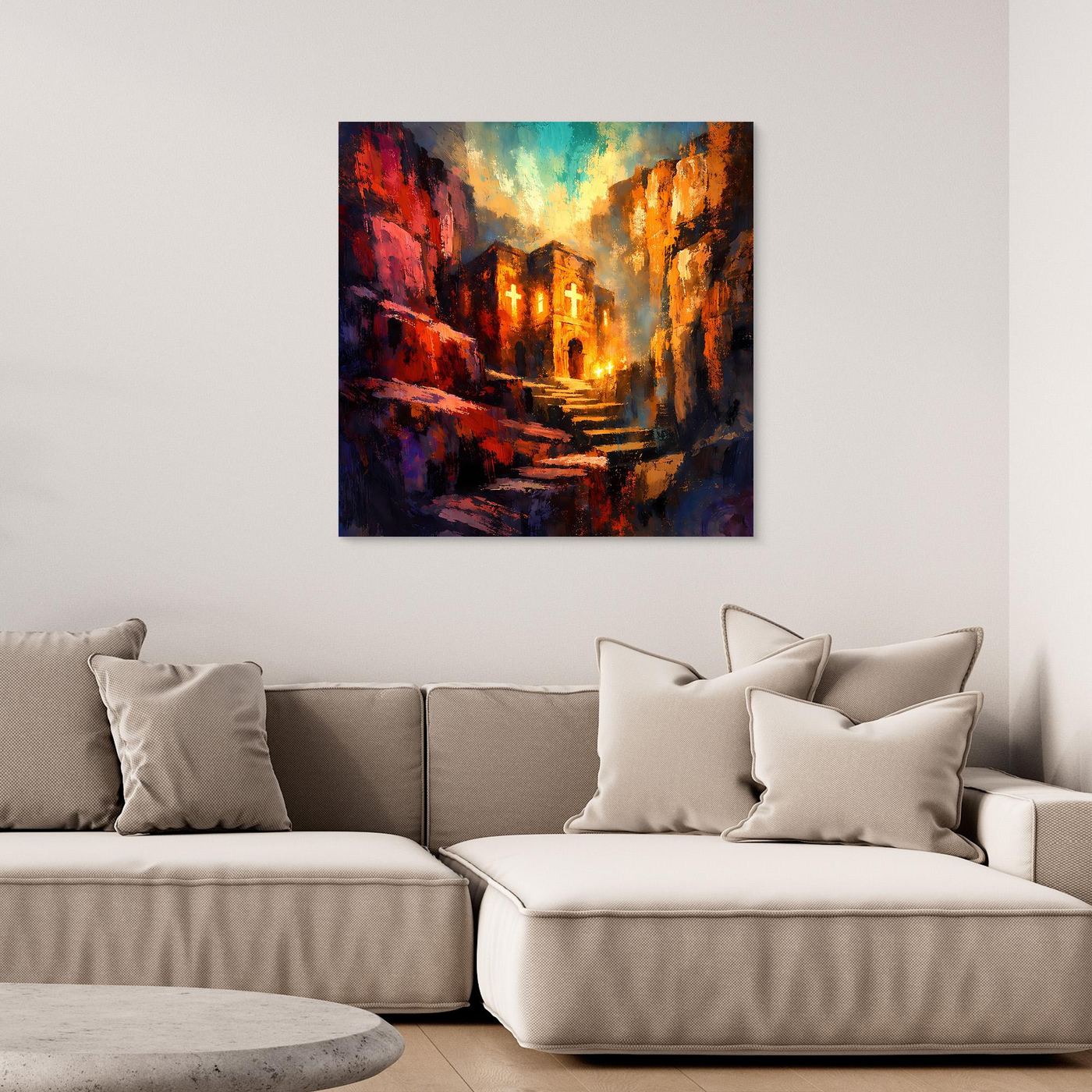 Wandbild auf Leinwand mit abstraktem Kirchenkloster-Motiv in Rot, Blau und Gelb, dunkel gerahmt