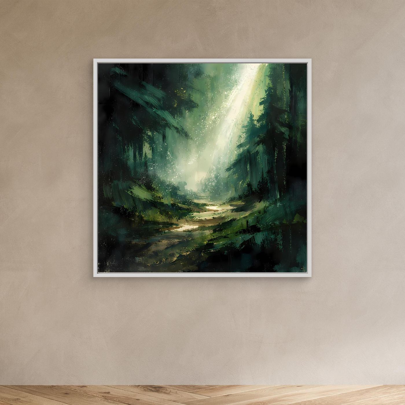 Leinwand Magischer Lichtstrahl im Wald | Abstraktes Tannenwald Wandbild Grün