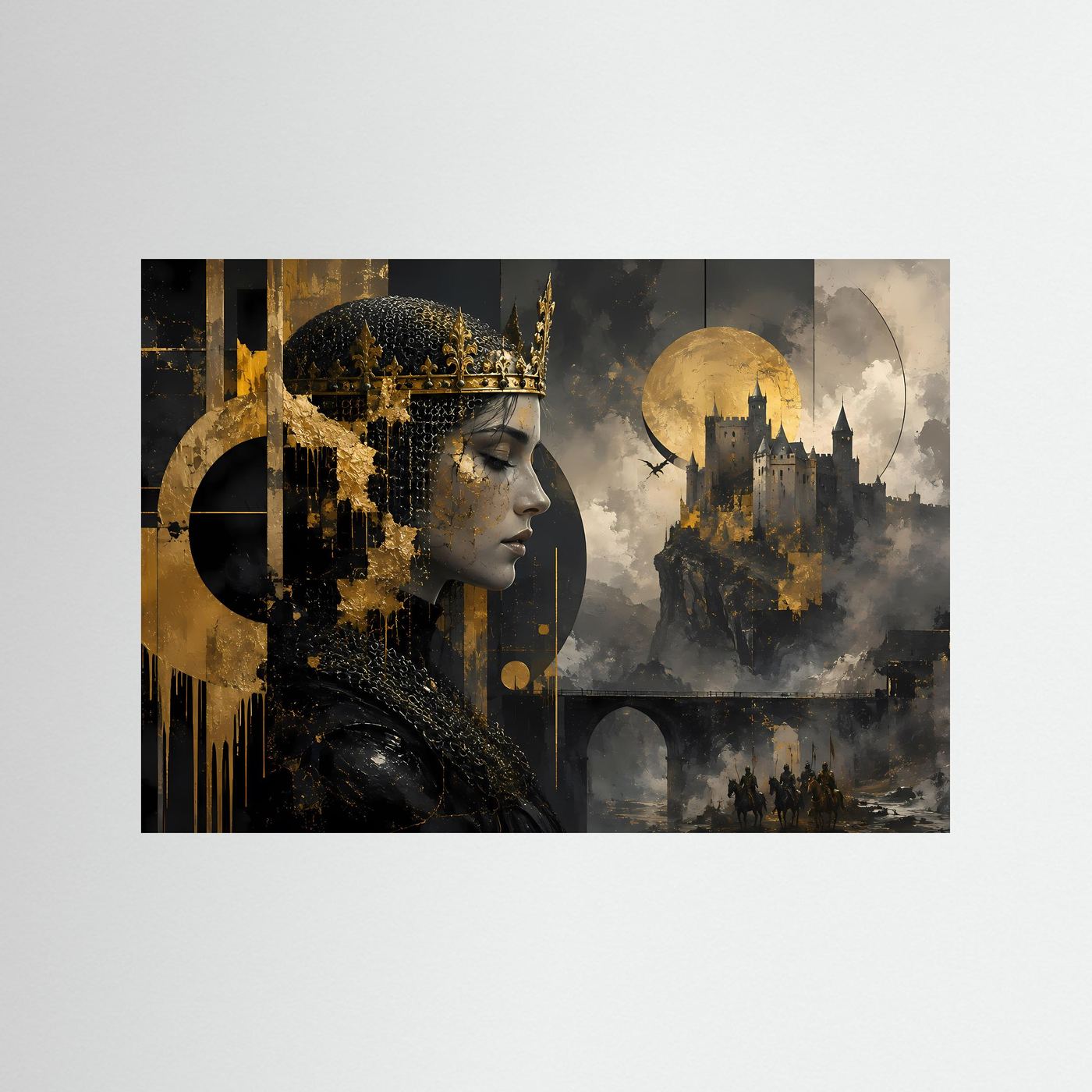 Mittelalterliche Königin vor Burg | Mystische Fantasy-Kunst in Schwarz & Gold