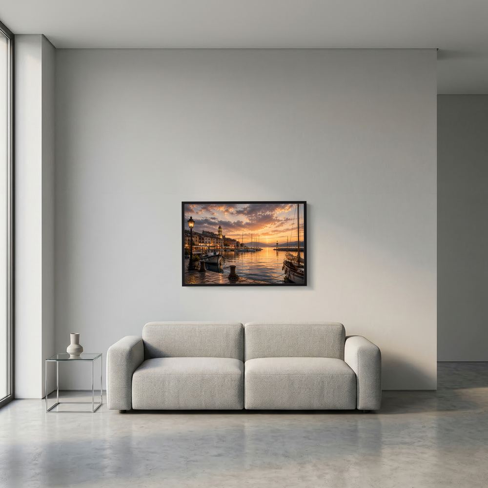 Wandposter im Querformat mit schwarzem Rahmen: Hafen bei Sonnenuntergang mit Booten