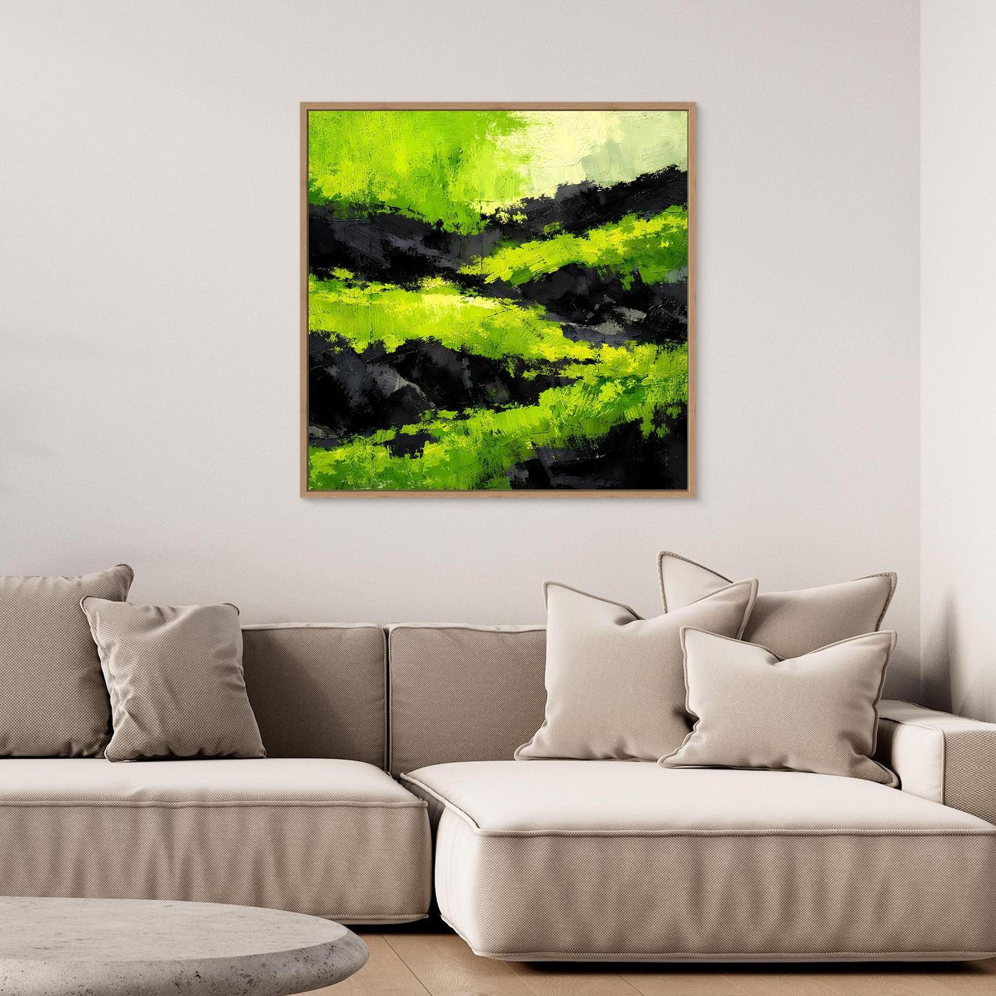 Abstraktes Leinwand-Wandbild mit moosgrünen und schwarzen Farbflächen im hellen Holzrahmen