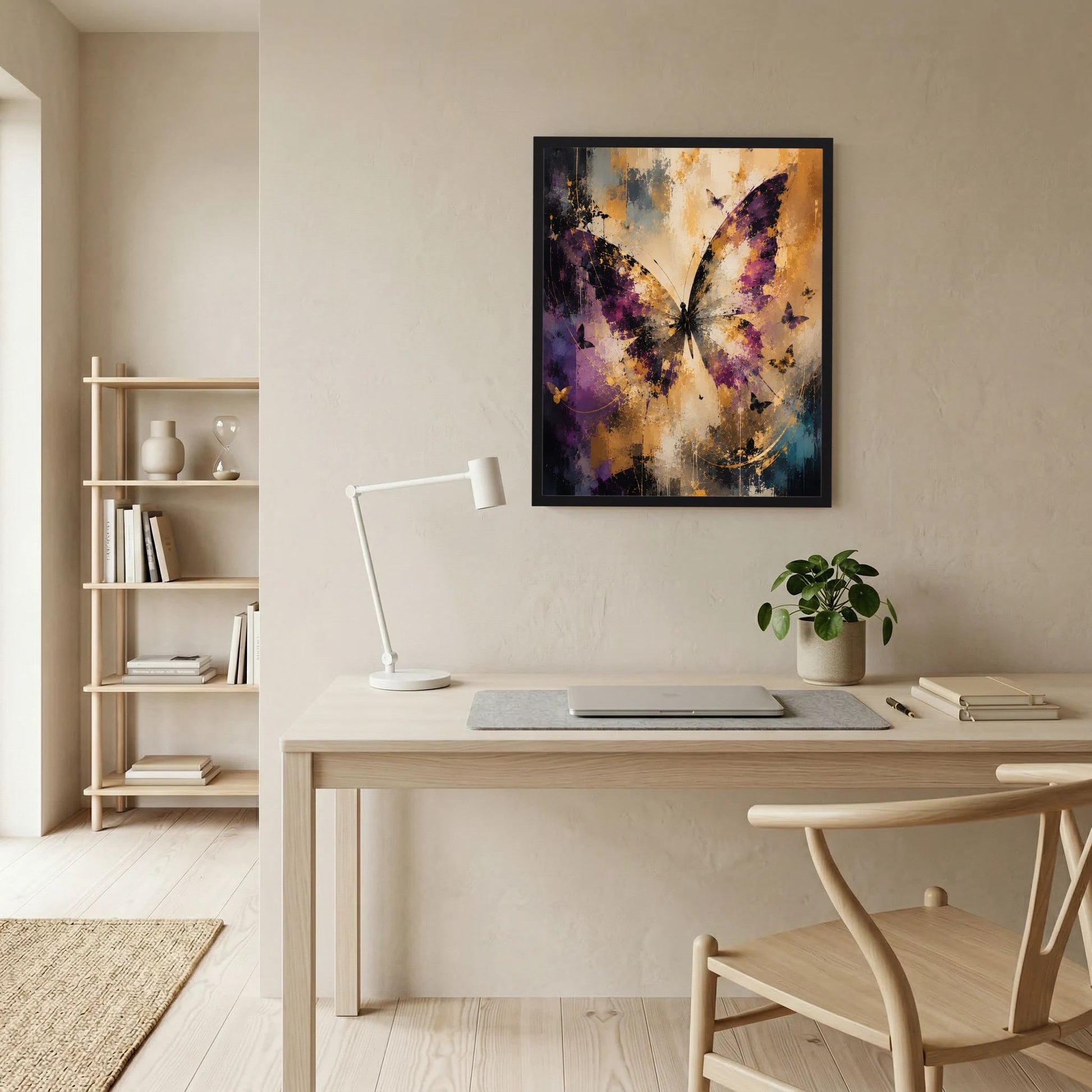 Dunkel gerahmtes Kunstposter mit Schmetterlingsmotiv in Violett, Creme und Gold