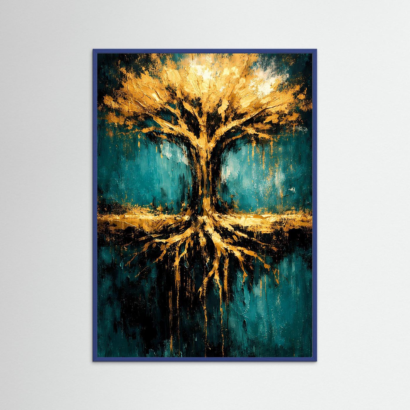 Wandbild mit abstraktem Lebensbaum in Smaragdgrün und Gold, blauer Rahmen