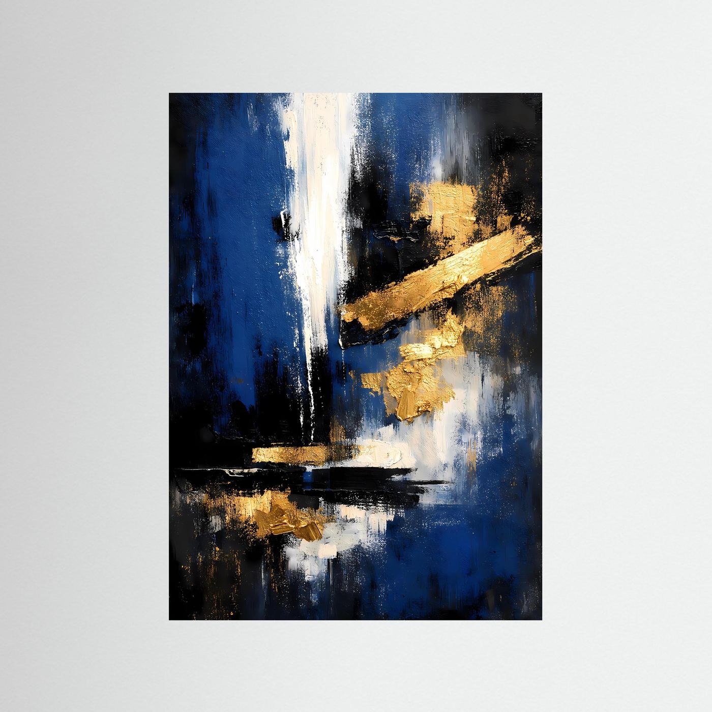 Abstraktes Acryl-Ölposter in Blau und Gold, hochformatig