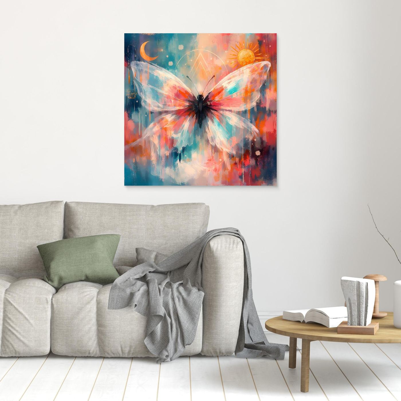 Wandbild mit buntem Schmetterling, Sonne und Mond ohne sichtbaren Rahmen