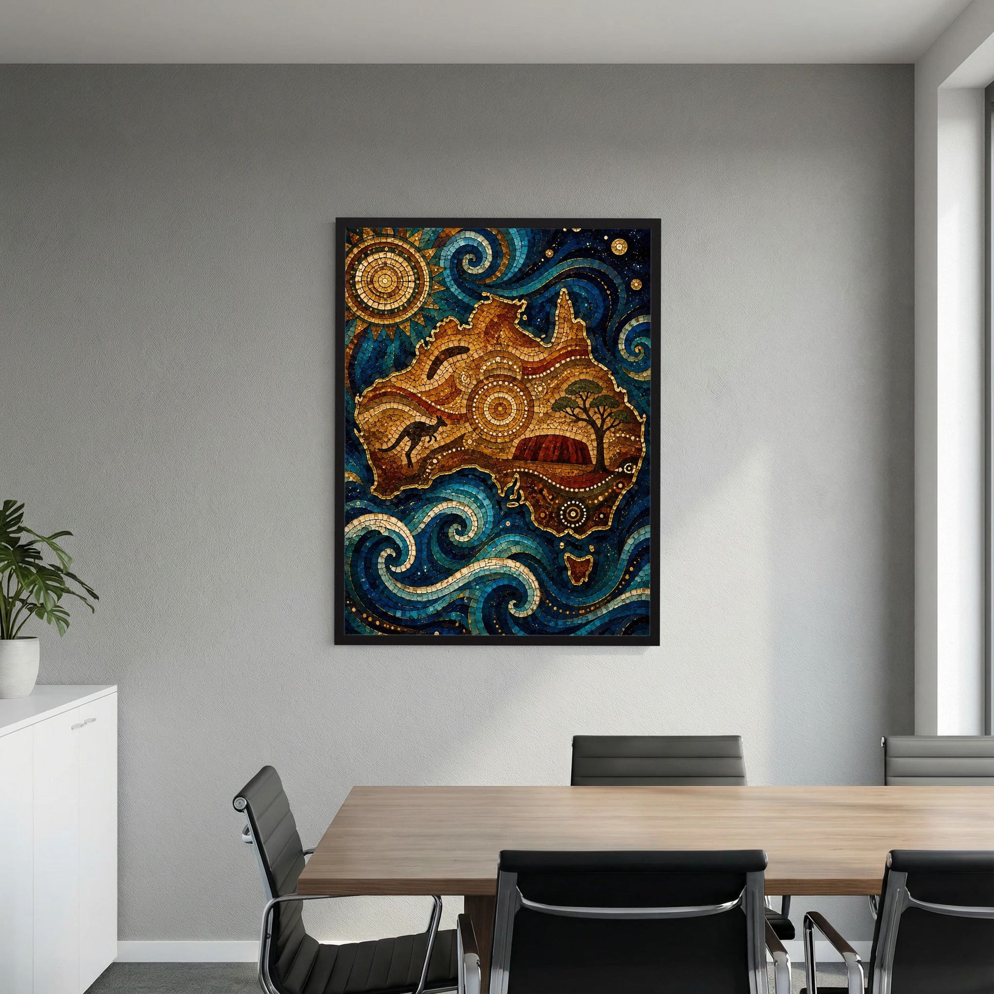 Wandposter im Rahmen: Känguru-Motiv im Mosaikstil, Sonne und Wellen in Blau und Gold