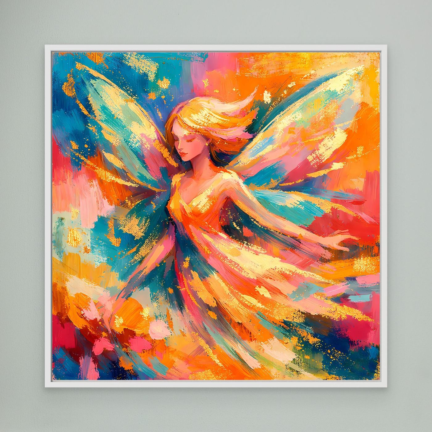Leinwandbild: Fee mit Flügeln, bunte Pinselstriche, weiß gerahmt