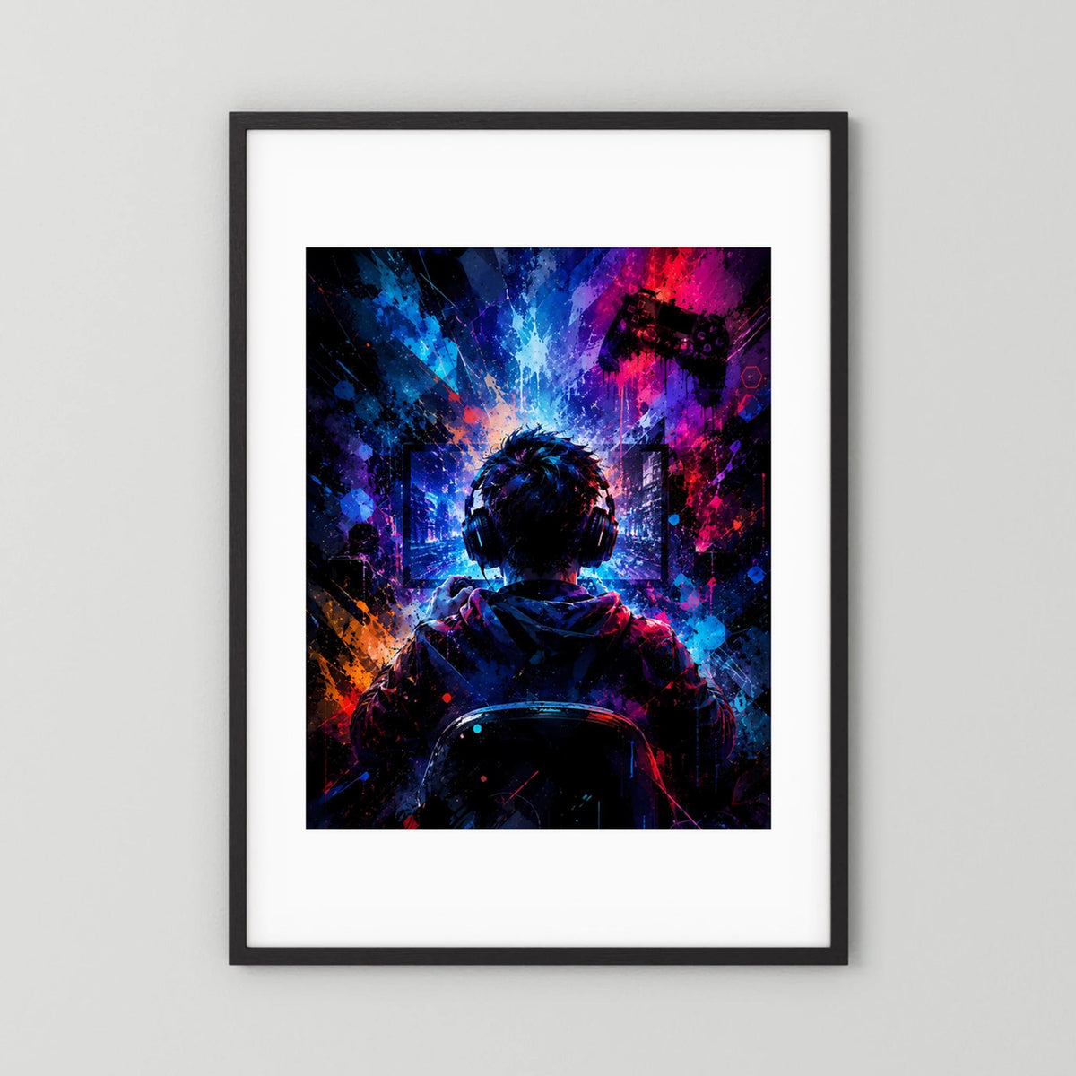 Poster im Hochformat mit schwarzem Rahmen und weißem Passepartout, Neon-Gamer