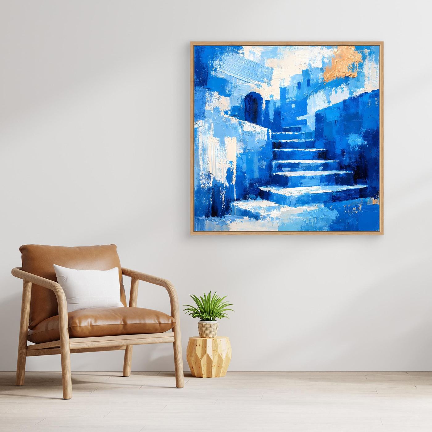 Abstraktes Leinwand-Wandbild mit blauem Treppenweg, goldene Einfassung