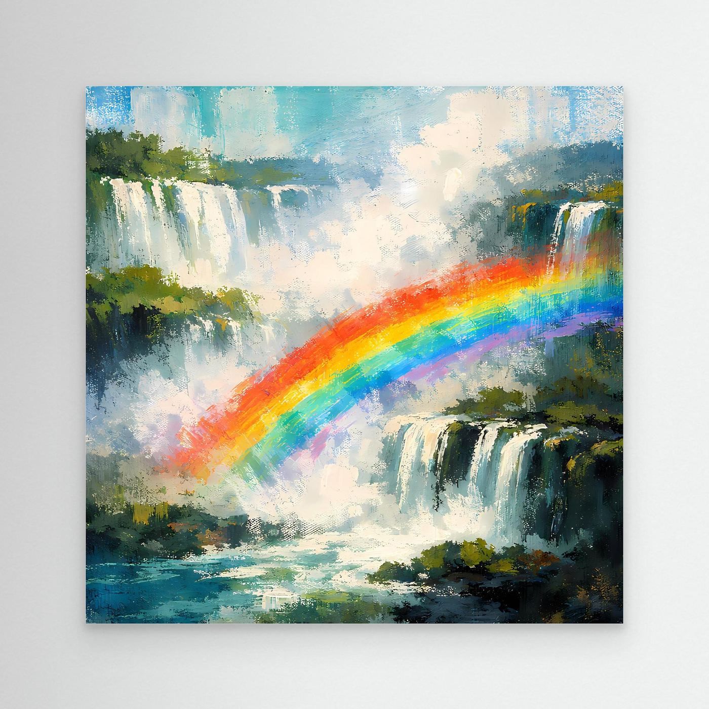 Abstraktes Leinwand-Wandbild mit Wasserfall und Regenbogen, buntes Naturmotiv