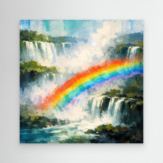 Abstraktes Leinwand-Wandbild mit Wasserfall und Regenbogen, buntes Naturmotiv