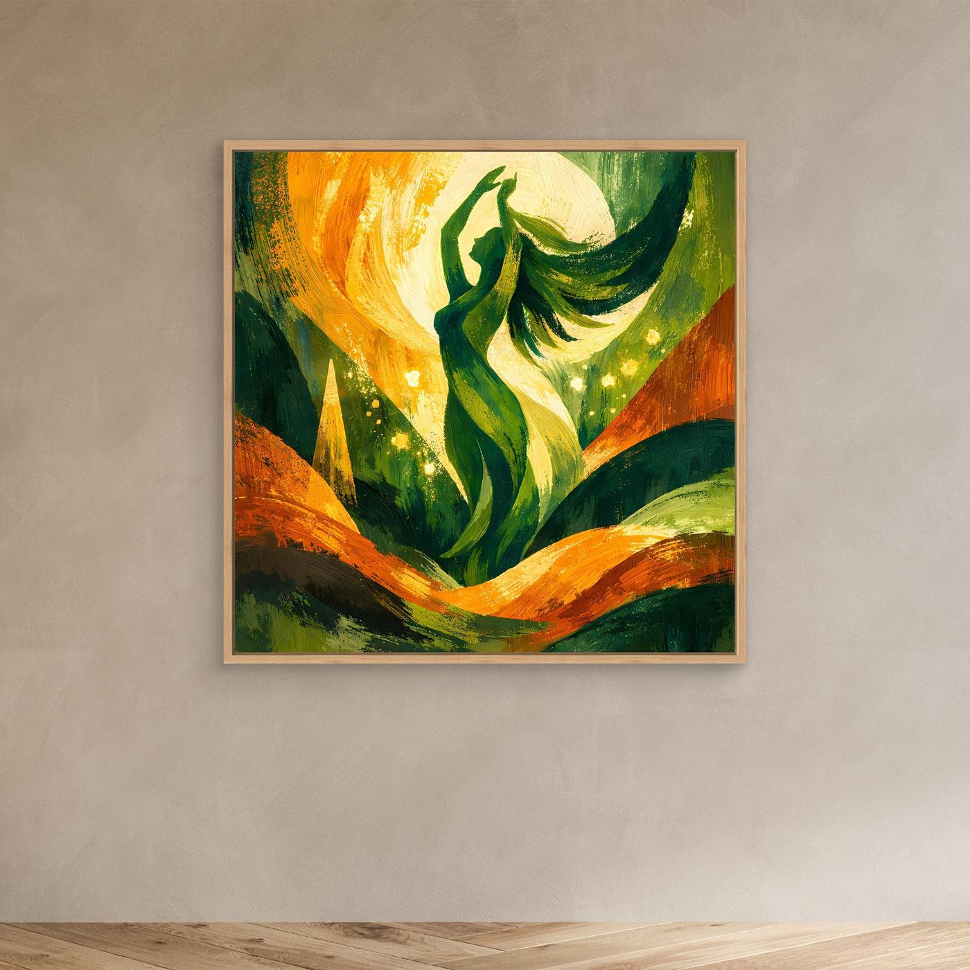 Leinwand-Wandbild Natur-Göttin mit hellem Rahmen, grüne Figur und orangefarbene Bögen