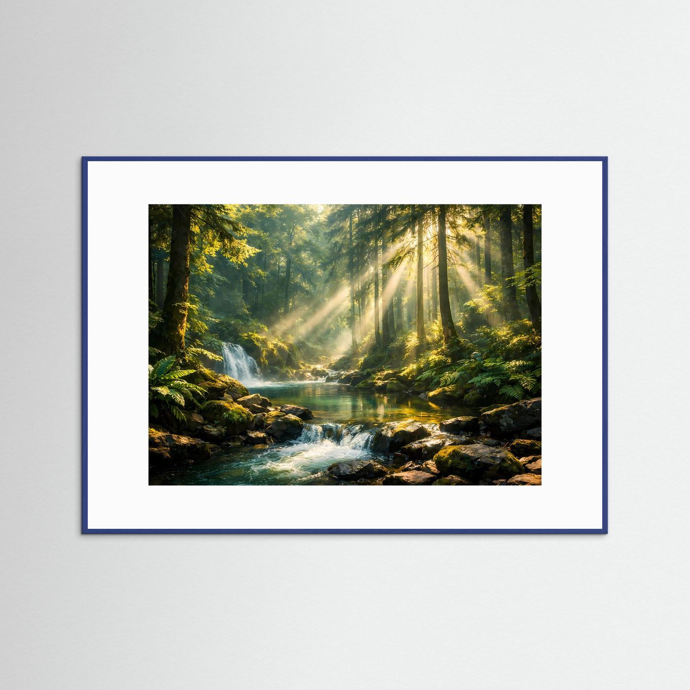 Sonnenstrahlen im Zauberwald mit Wasserfall | Panorama Wald & Natur Poster Querformat