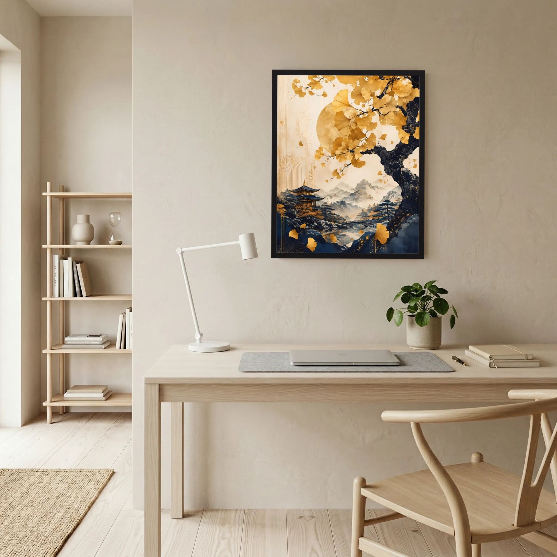 Poster im Hochformat an der Wand: goldener Ginkgobaum, Pagode, Berge, Wasser