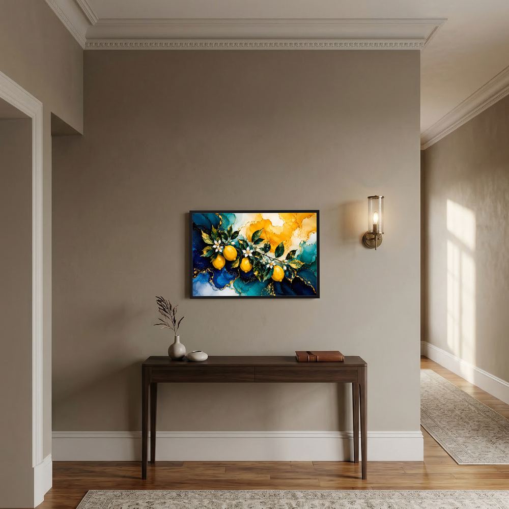 Querformatiges Poster mit abstraktem blauen Gold-Botanischem Motiv, weiß blühender Zweig, gerahmt