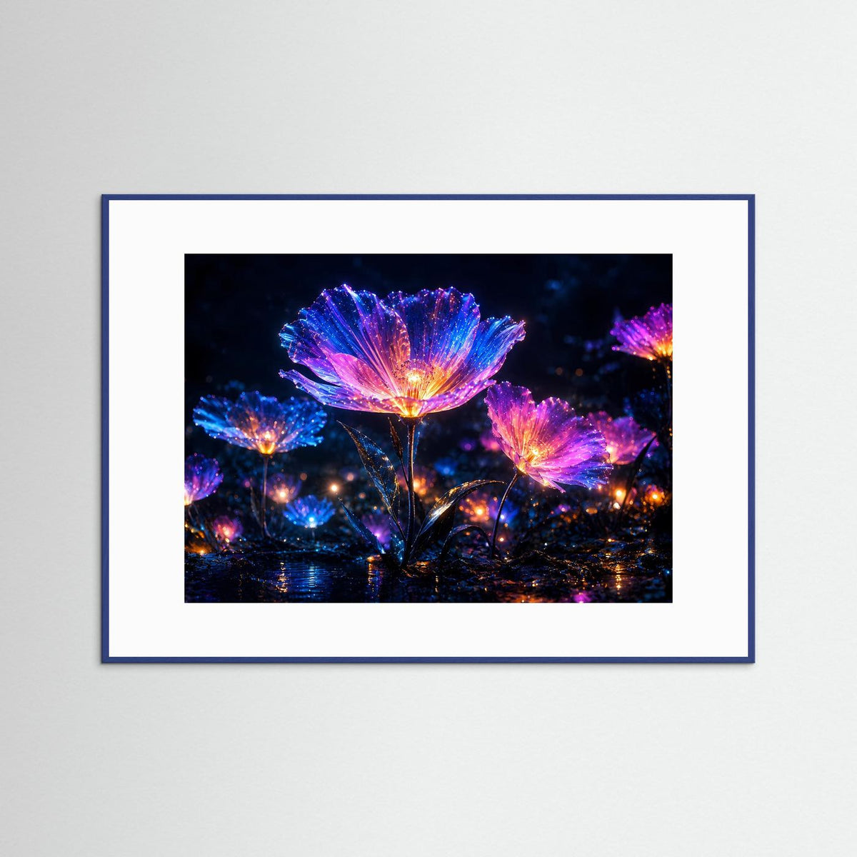Gerahmtes Neonblumen-Wandbild: leuchtende Blüten in Blau, Pink & Violett, blauer Rahmen