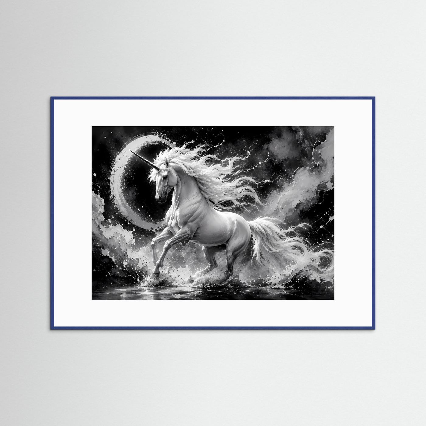 Einhorn Schwarz Weiß Poster Querformat | Mystische Fantasy Wandkunst | Monochrome Elegante Leinwandkunst