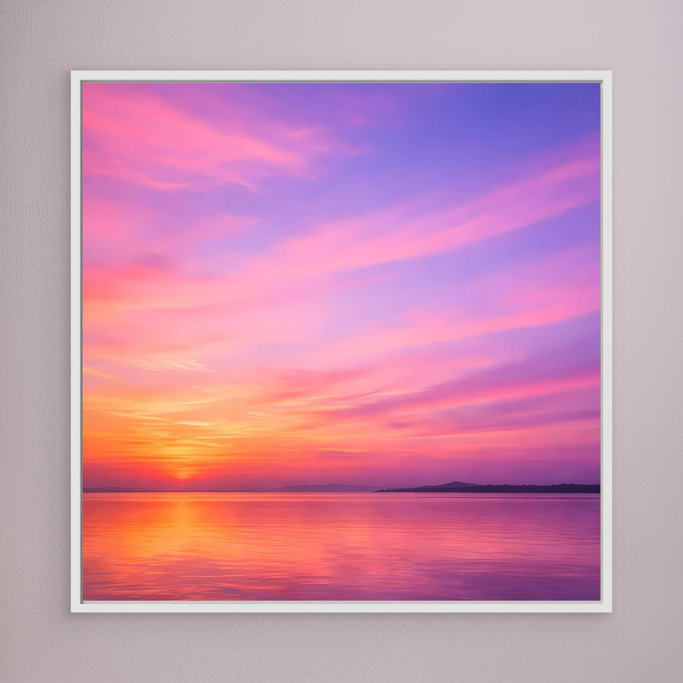 Leinwandbild mit Pastell-Sonnenuntergang am Meer, mit weißem Rahmen