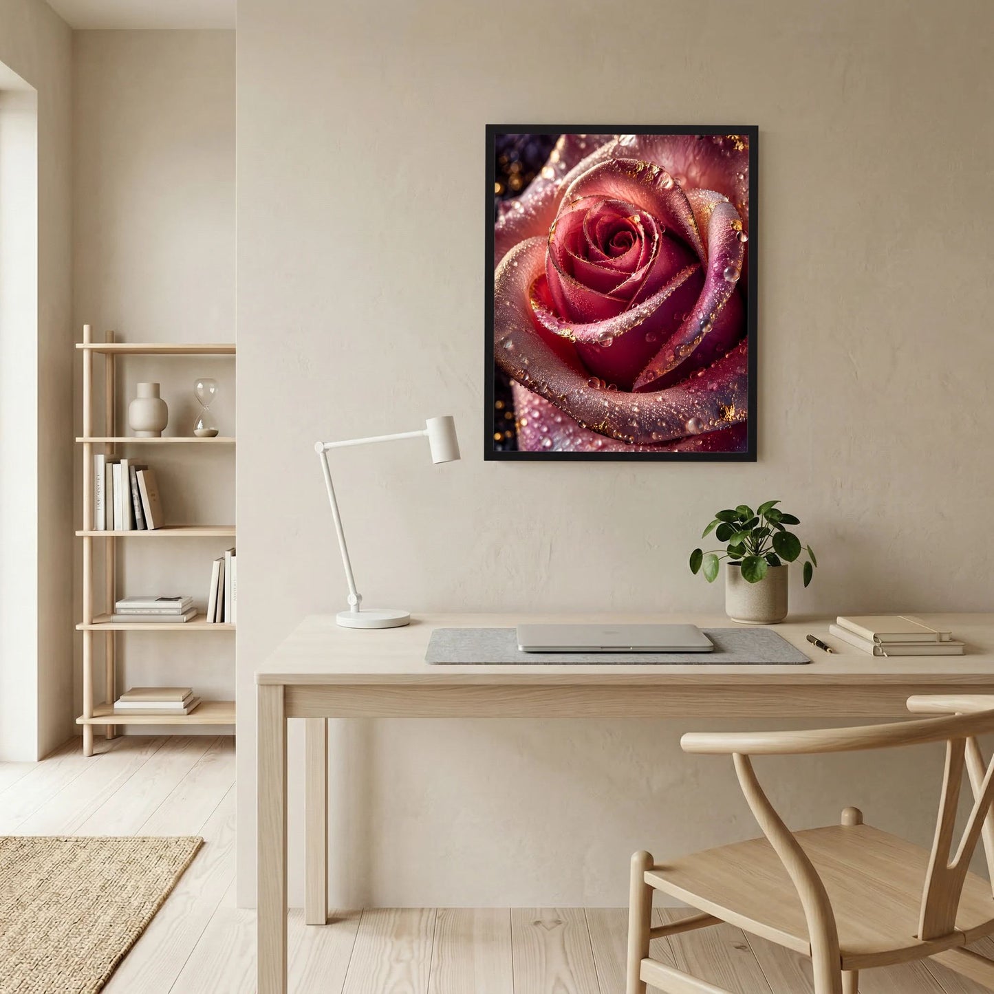 Poster mit dunkelrosa Rose, Wassertropfen und goldenen Akzenten, im schwarzen Rahmen