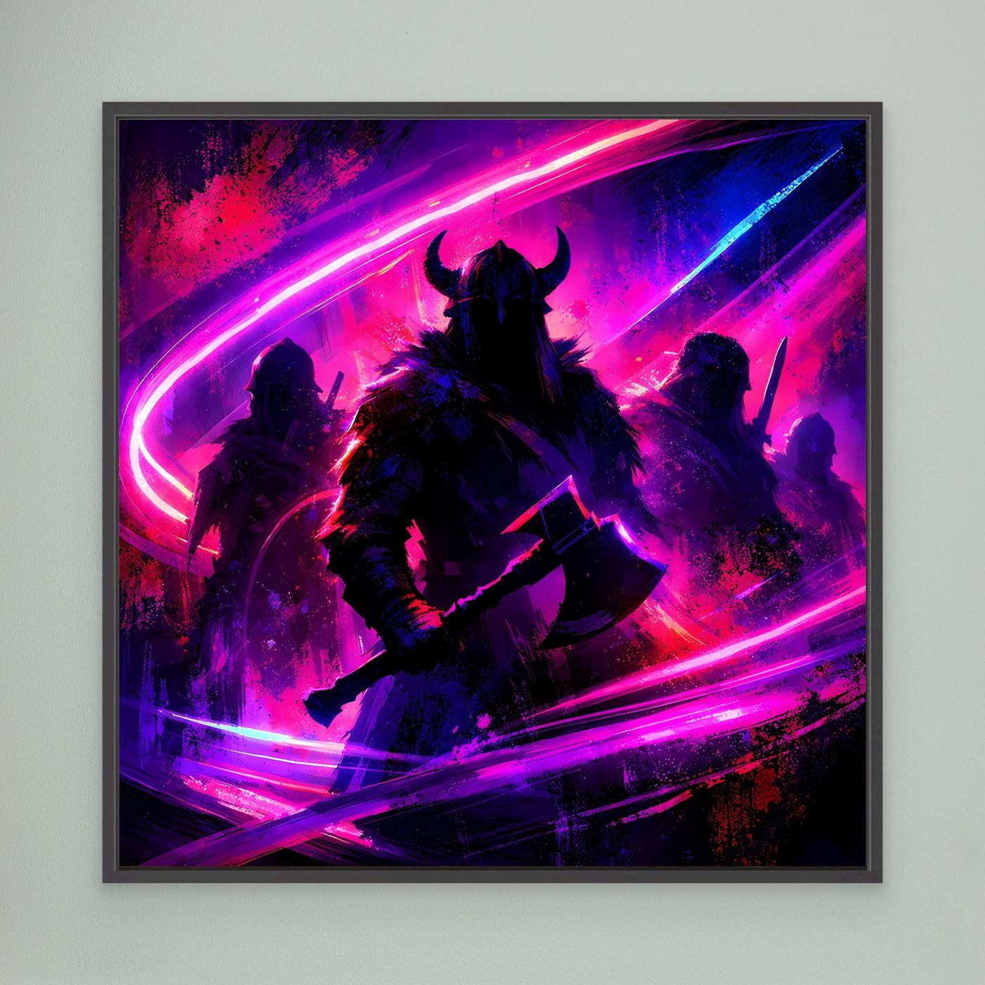 Wandbild mit Wikingersilhouetten, Neon-Pink/Lila Lichtbögen, schwarzer Rahmen