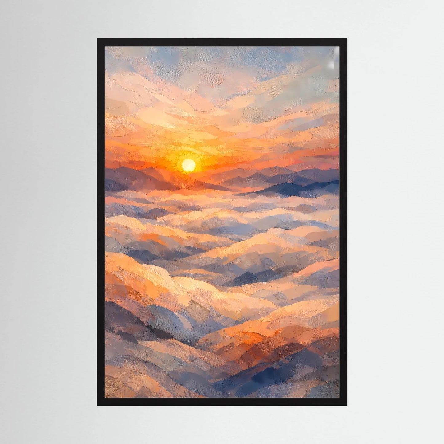 Hochformatiges Poster mit Sonnenuntergang über Wolken in Pastellfarben, schwarzer Rahmen.