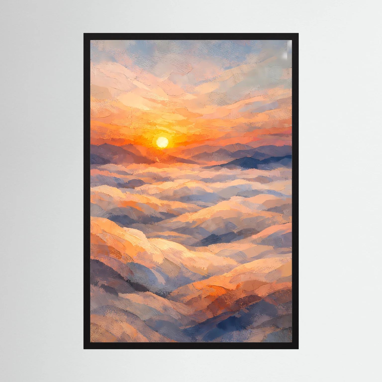 Hochformatiges Poster mit Sonnenuntergang über Wolken in Pastellfarben, schwarzer Rahmen.