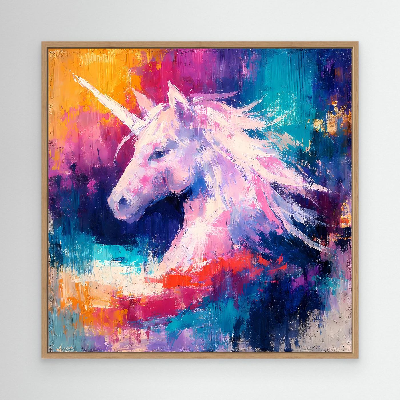 Leinwand Elegantes Einhorn im Farbenmeer | Abstraktes Fantasy & Pastell Wandbild
