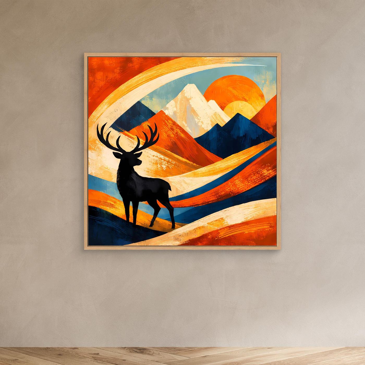 Gerahmtes Wandbild mit Hirschsilhouette, abstrakte Berge und gebogene Lichtwelle