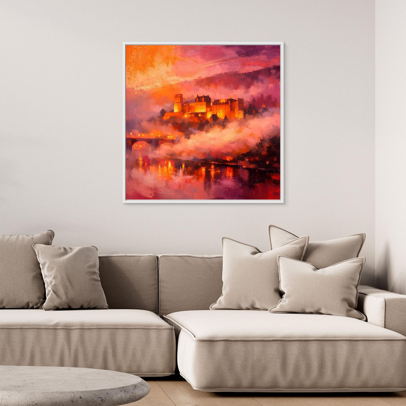 Premium Leinwand Imposantes Schloss im Abendrot | Abstraktes Castle Wandbild in feurigen Farben