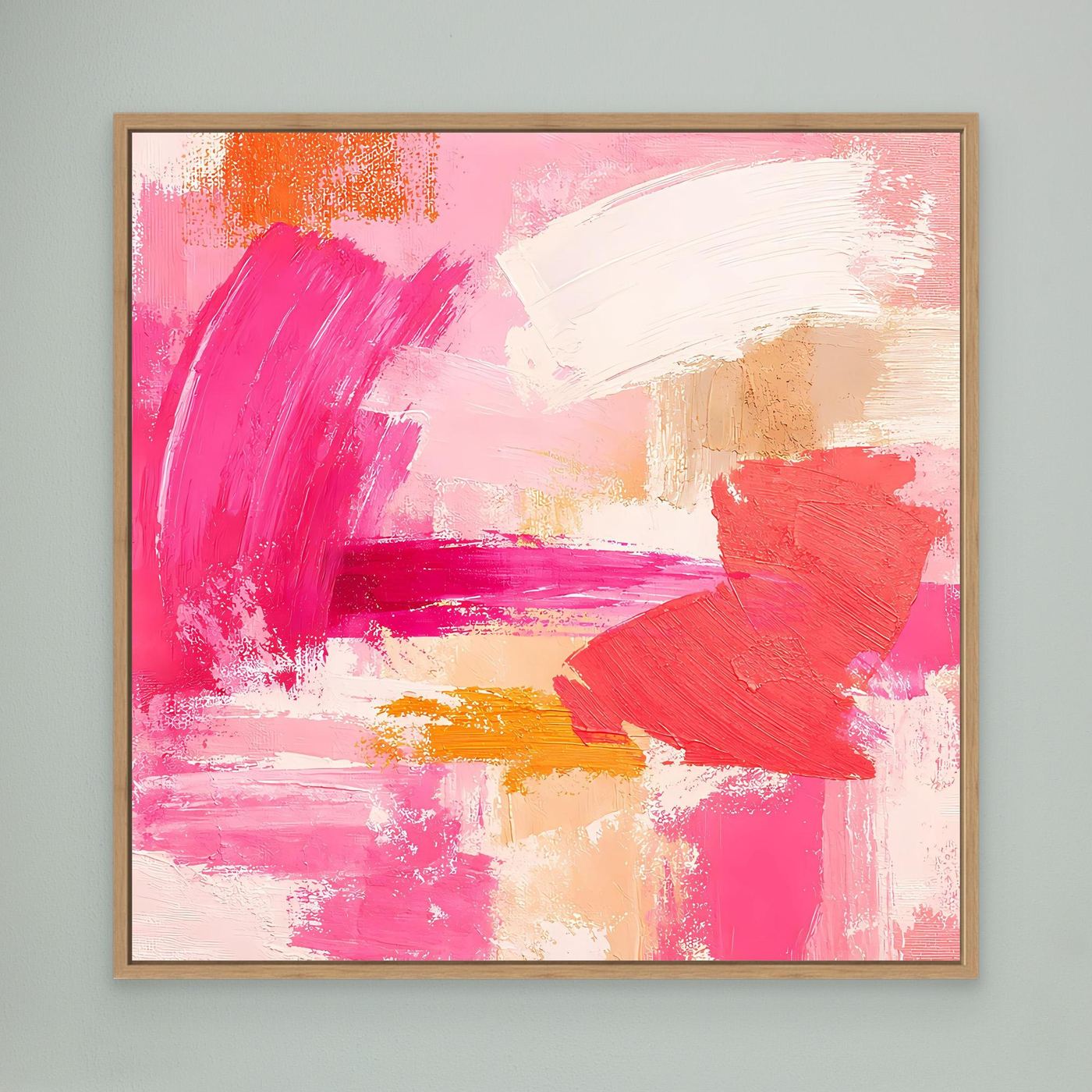 Leinwand-Wandbild abstrakt mit Pinselstrichen in Rosa und Pastelltönen, mit braunem Holzrahmen